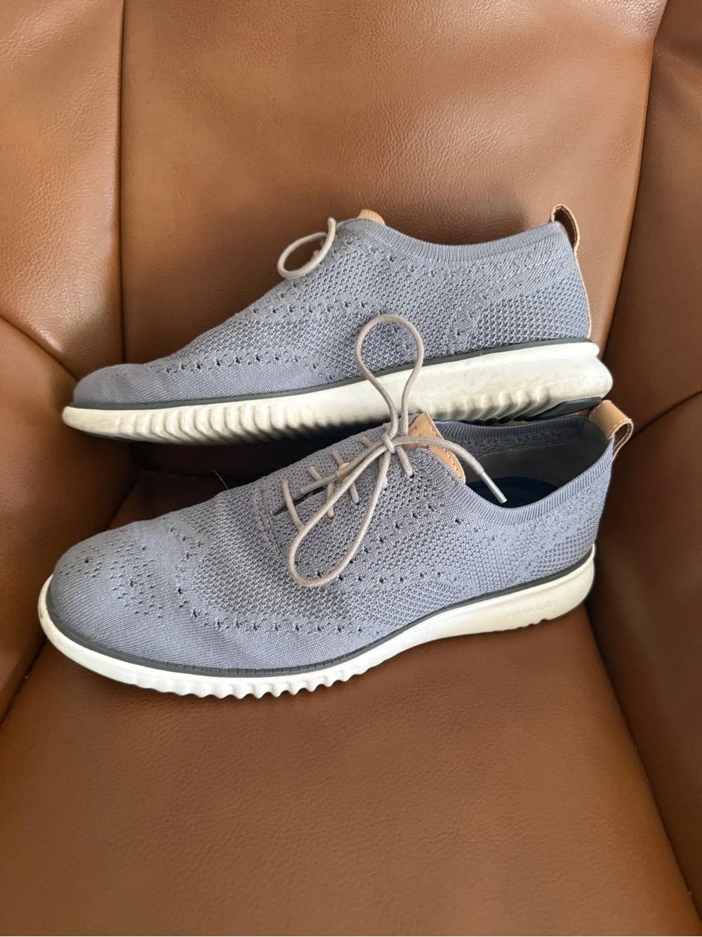 Cole Haan Light Blue Knit Wingtip Oxfords with Tan Accents